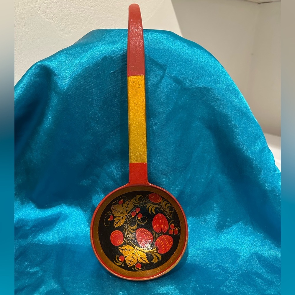 Vintage Folk Art Wooden Khokholma Ladle Or Serving Spoon With Pomegranates